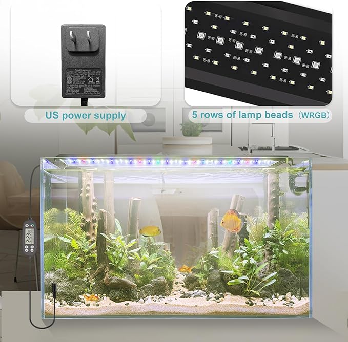 Auto On Off LED Aquarium Light, Full Spectrum Fish Tank Light with LCD Monitor, 24/7 Lighting Cycle, Adjustable Timer, 7 Colors, 10 Level Dimmable, IP68 Waterproof, 3 Modes for 12 to 18 Inch Fish Tank