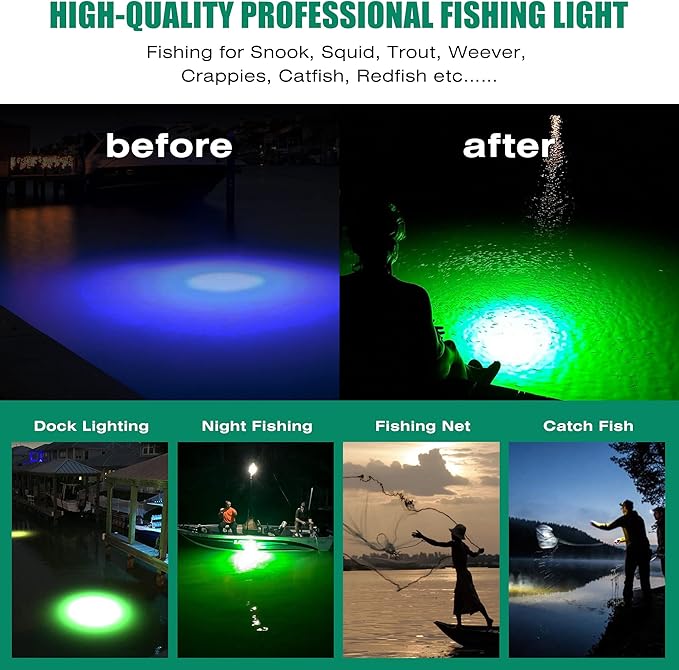 HUSUKU LED Underwater Fishing Light, Green Night Fishing Finder Attractor, IP68 Submersible Boat Lamp for Snook Crappie Squid Shrimp