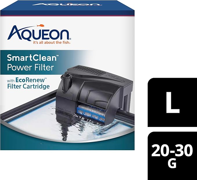 Aqueon SmartClean Power Filter with EcoRenew Filter Cartridge, Quick and Easy Water Changes, Quiet Operation, Adjustable Flow, for 20-30 Gallon Freshwater and Saltwater Aquariums, Large