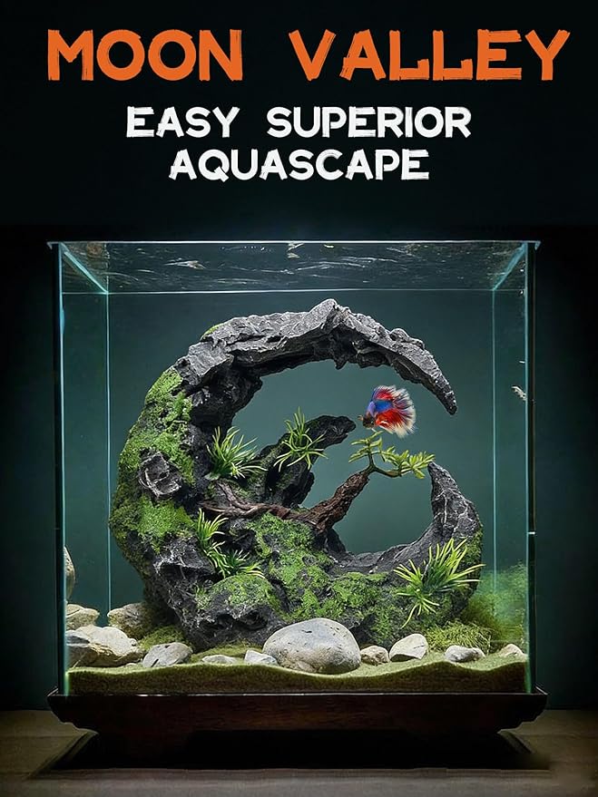 Aquarium Decor - Large Moon Shaped Cave Ornament for Fish Tank, Aquarium Hideout with Rock Texture for Betta, Goldfish, Shrimp - Safe Aquatic Decorations,Easy Superior Aquascape (Moon Valley)