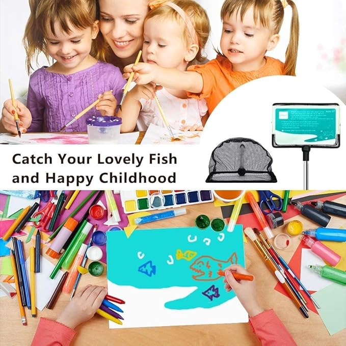 Fish Net for Fish Tank, Fine Mesh Aquarium Net with 9-24 Inch Stainless Steel Long Handle, Extendable Fishing Tank Net for Fish Shrimp Tank, Pond, Creek (4 inch)