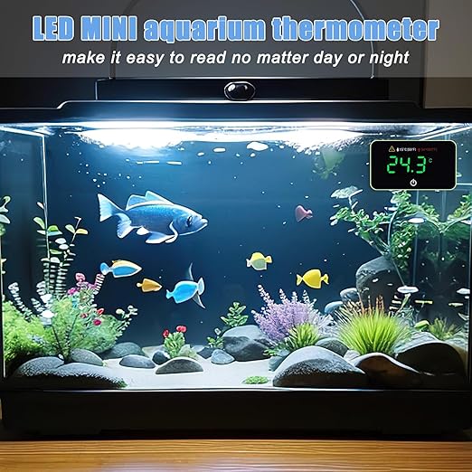 Aquarium Digital Thermometer with LED Touch Screen - Stick-on Fish Tank Thermometer for Betta Tanks, HI/LO Temperature Alarm, Cordless Waterproof Sensor, CR2032 Battery (14-140°F/-10-60°C)