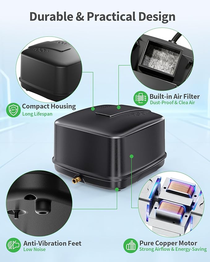 POPOSOAP Pond Aerator, 640GPH High-Volume Pond Air Pump for 1000-3000 Gallon Ponds, Ultra-Quiet Septic Aerator IP65 Waterproof for Koi Pond, Water Garden, Fish Tank & Winter Ice Prevention P840