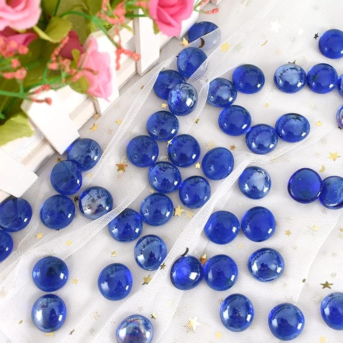 Flat Glass Marbles 1lb, 100PCS Dark Blue Flat Gems Glass Beads for Vase Filler Garden Aquarium Tank Pebbles Table Floral Decoration