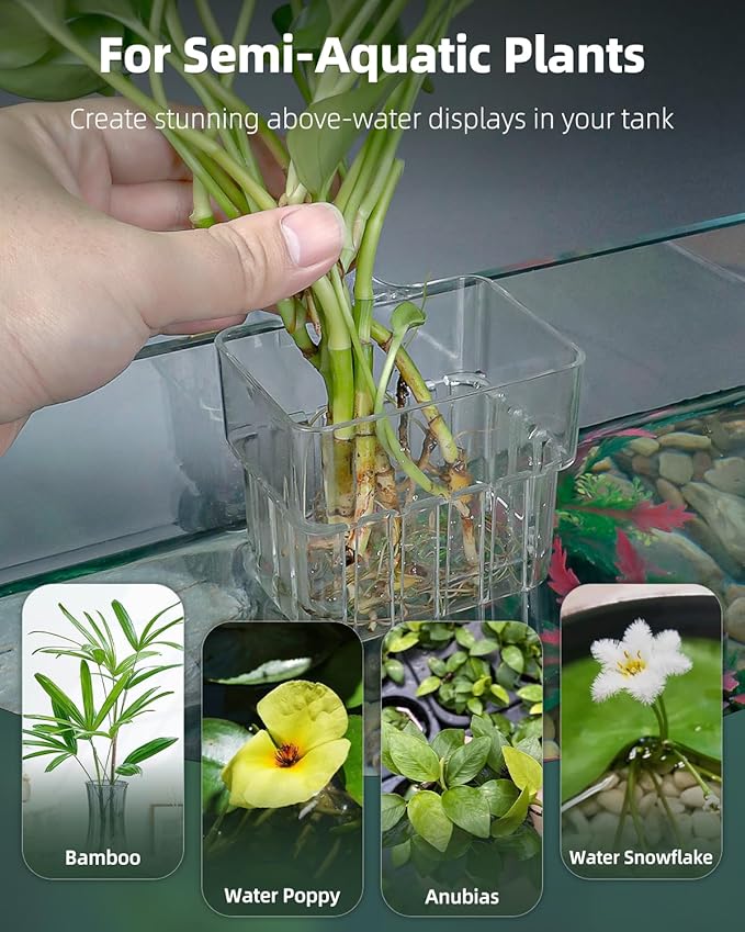 Pawfly 2 Pcs Clear Acrylic Aquarium Plant Holder for Fish Tanks, Top Hanging Fish Tank Planting Holder with Hook, Adjustable Aquarium Planter Cup
