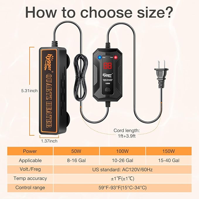 hygger Smart Mini Aquarium Heater 50W for 8-16 Gallons, Desktop Betta Submersible Fish Tank Heater with Intelligent Temperature Control and 5 Safety Protections