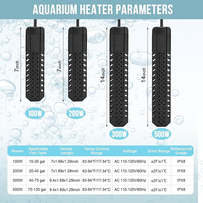Aquarium Heater 300W, Fish Tank Heater with High-Temperature Protection and Turtle Tank Heater with Automatic Power-Off When Leaving Seawater or Freshwater.