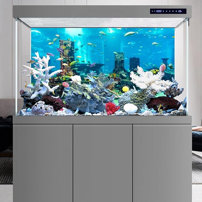 AWERT Undersea Theme Aquarium Background Colorful Coral Tropical Fish Ruins Underwater World Fish Tank Background 48x24 inches Vinyl