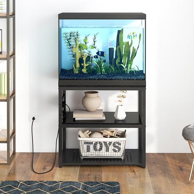 Livofloral 20-29 Gallon Fish Tank Stand with Power Outlets, 3-Tier Metal Aquarium Stand, Breeder Reptile Tank Stand with Shelf for Home Office, 660LBS Capacity, 29.5 x 15.8 x 30.1 inches, Black