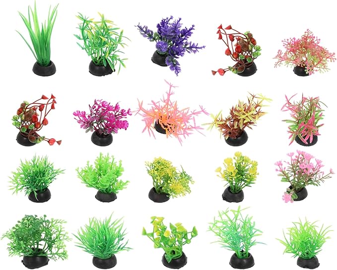 SEWACC 20pcs Artificial Fish Tank Plants Plastic Grass Plants Aquarium Decorations, Simulation Water Grass, Mixed Style, Small Betta Goldfish Turtle Tank Accessories