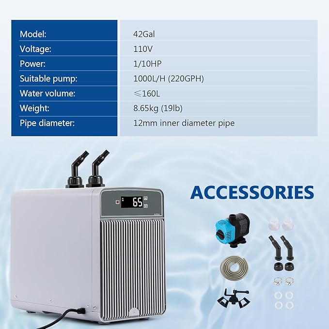 BAOSHISHAN 42gal Aquarium Chiller, 1/10 HP Axolotl Cooler, Special Quiet Design Refrigeration Compressor for hydroponics, Coral Reef, Fresh & Sea Tank (42gal/160L)
