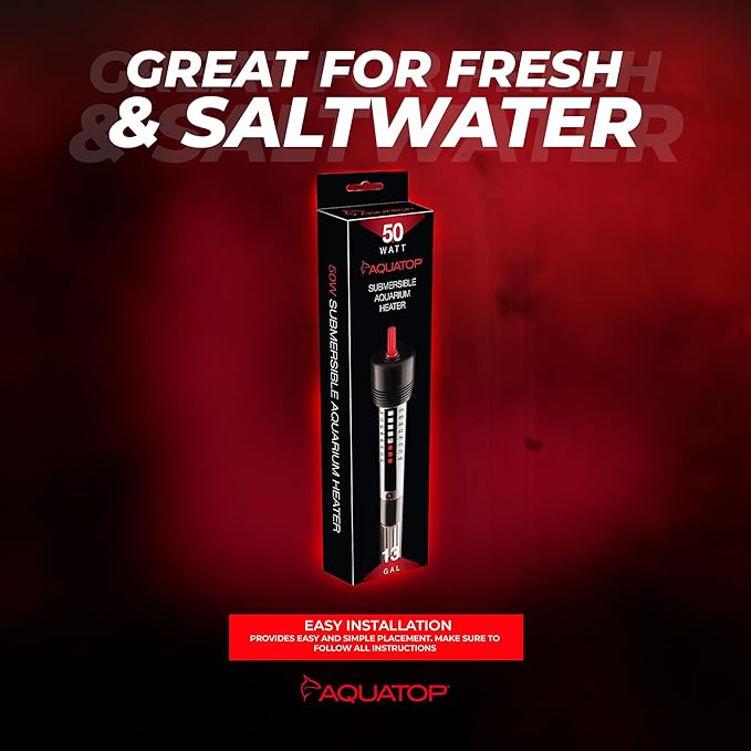 Aquatop 50W Aquarium Submersible Glass Heater – Adjustable Temperature 68-93°F – Fish Tanks Up to 13 Gal – for Freshwater & Saltwater Use – GH-50
