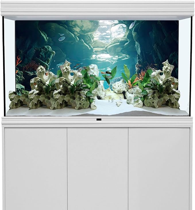 AWERT 30x18 inches Polyester Ocean Floor Fish Tank Background Underwater Coral Reef Stone Aquarium Background Seaweed Cave Sunlight Fish Tank Background
