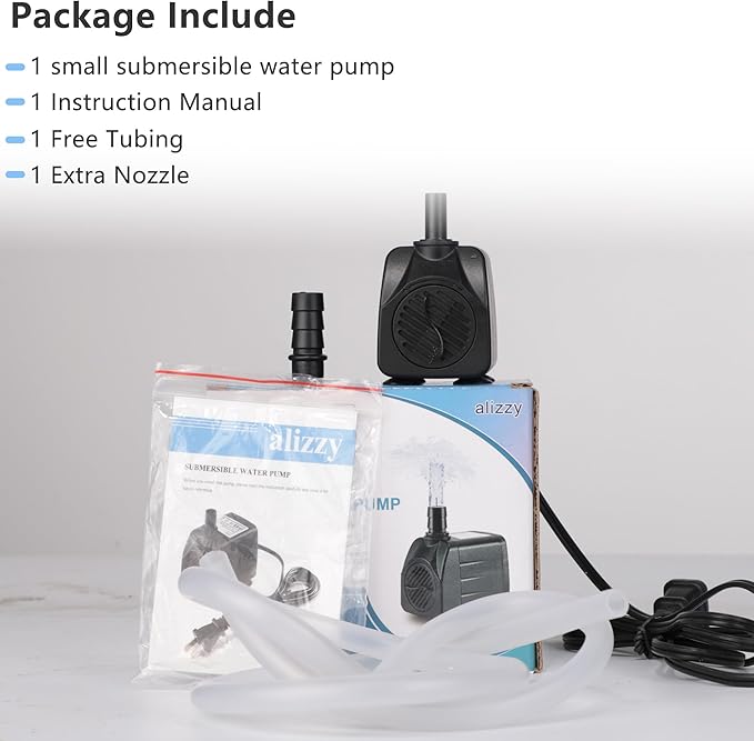 alizzy 150 GPH (570L/H) 10w Durable Small Submersible Water Pump with Tubing for Fountain, Aquarium, Fish Tank, Hydroponics, Pond
