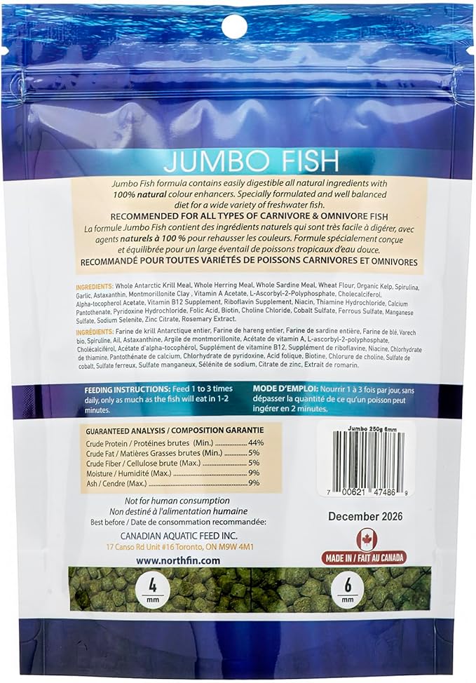 Northfin Fish Food Jumbo Formula Slow Sinking Pellets (6mm 250g)