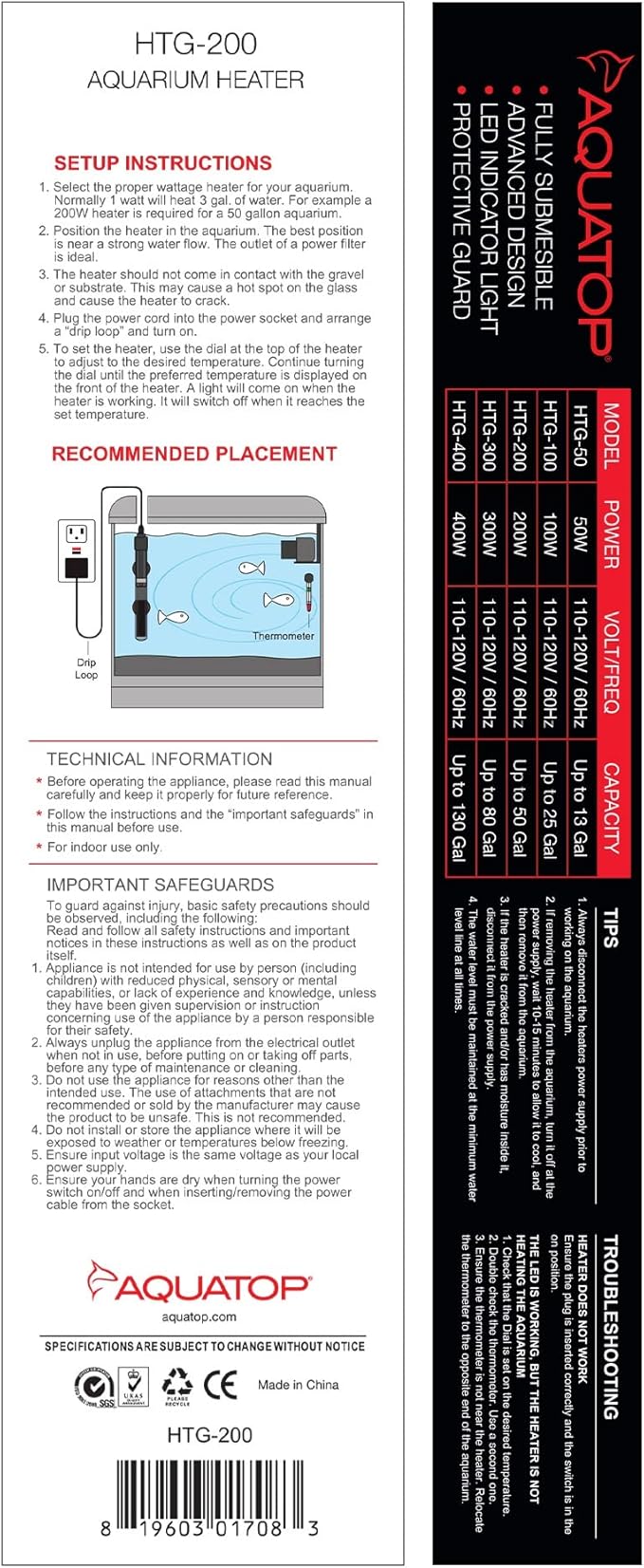 Aquatop 200W Premier Glass Heater with Protective Guard - Fully Submersible for Fish Tanks Up to 50 Gallons, 68-93F Adjustable Temperature Range, Fresh & Saltwater Use, Aquarium Heaters, HTG-200