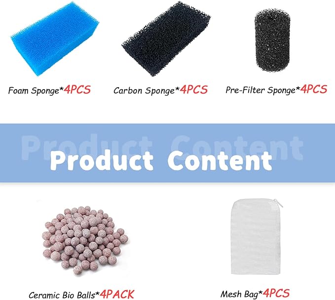 SHIGATSU 4 Set Replacement Aquarium Maintenance Kit for AquaClear 50 Power Filter, Includes Aquarium Foam Insert, Carbon Sponge, Bio Media and Pre-Filter Sponge