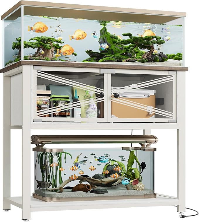 Rresyet 40-50 Gallon Aquarium Stand with Heavy Duty Metal Frame, Fish Tank Stand with Power Outlets, Two Glasses Door Storage Cabinet, Suitable for Turtle Tank, Reptile Tank, White+Brown