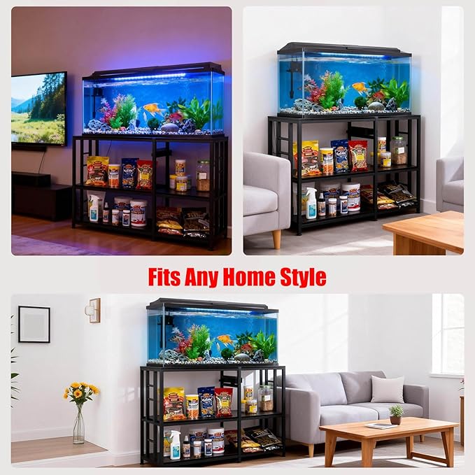 FAHKNS 40 50 Gallon Aquarium Stand 36x18 Inch Heavy Duty 750lbs Capacity, 3-Tier Black Adjustable Shelf Steel Frame Fish Tank Stand with Power Outlet Suitable for Home Office