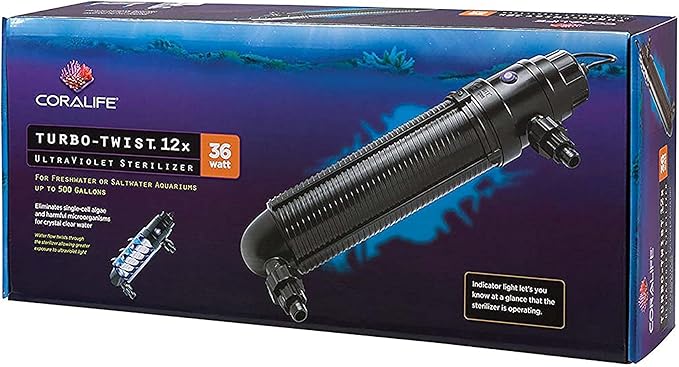 Coralife Aquarium Fish Tank Marine Salt Water Turbo-Twist UV Sterilizer 12X, For up to 500 Gallons