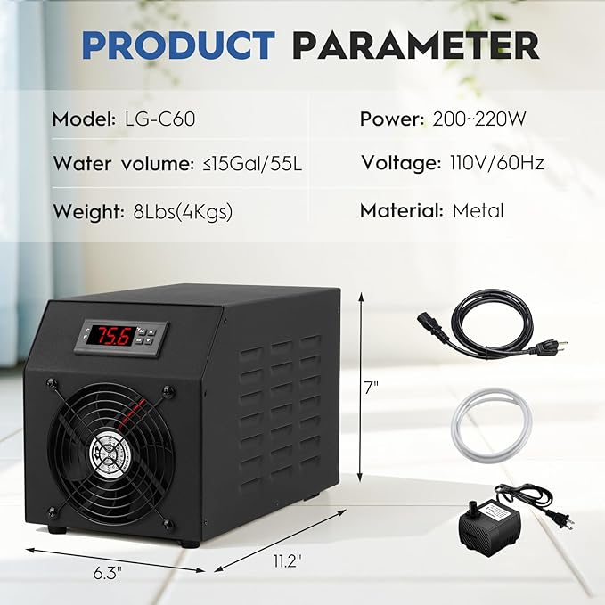 Small Aquarium Chiller 15gal/60L, Quiet Water Chiller for Household Fish Tanks Coral Reef Axolotl Hydroponics, Fish Tank Chiller 110V with Water Pump