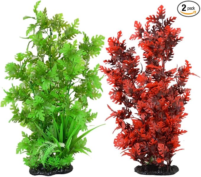 CNZ 2-Pack Aquarium Decor Fish Tank Decoration Ornament Artificial Plastic Red/Green 15-inch Tall