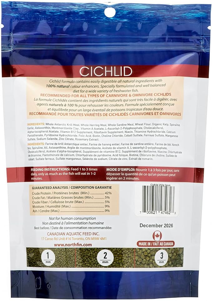 Northfin Cichlid Formula Fish Food – Slow Sinking Pellets for Cichlids (3mm, 250g) | Premium High-Protein, All-Natural Cichlid Diet to Enhance Color & Growth – No Fillers, No Hormones, Made in Canada