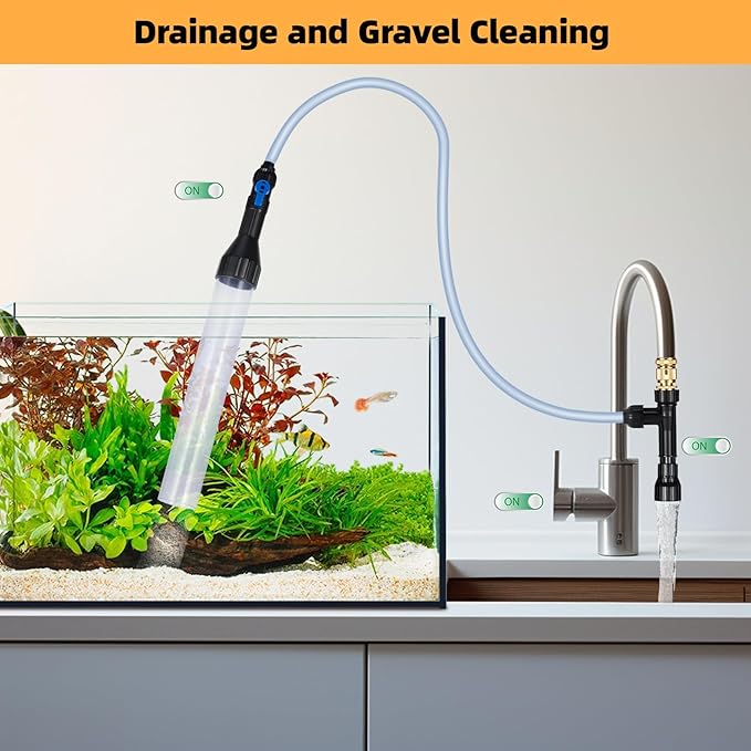 DXOPHIEX Gravel Vacuum for Aquarium Fish Tank Siphon Aquarium Water Changer with Three Metal Faucet Adapter and Long Hose 50 Feet