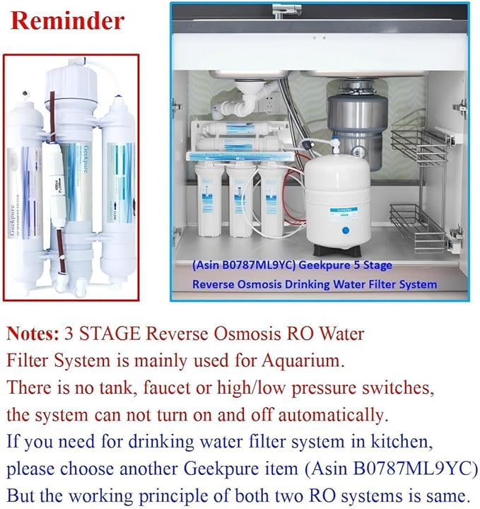 Geekpure 3 STAGE Portable Aquarium Reverse Osmosis RO Drinking Water Filter System-100 GPD