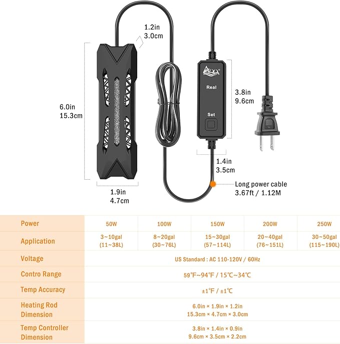 AQQA Small Aquarium Heater,Submersible Fish Tank Heater Adjustable Temperature,Mini Short Dual-use Fish Heater with LED Digital Display Thermostat,Saltwater Freshwater 200W