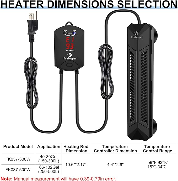 fishkeeper Aquarium Heater, 500 W Adjustable Fish Tank Heater with Digital Display Controller, Submersible Water Heater with Thermostat Over-Temperature Protection for Saltwater Freshwater 66-132 Gal