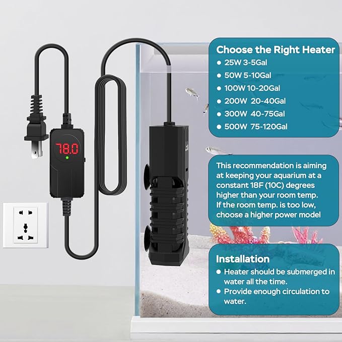 AquaMiracle Aquarium Heater, 25W Submersible Fish Tank Heater with LED Digital Display, Overheat Protection & Auto Power-Off When Out of Water, for Freshwater and Saltwater Fish Tanks (1-5 Gal)