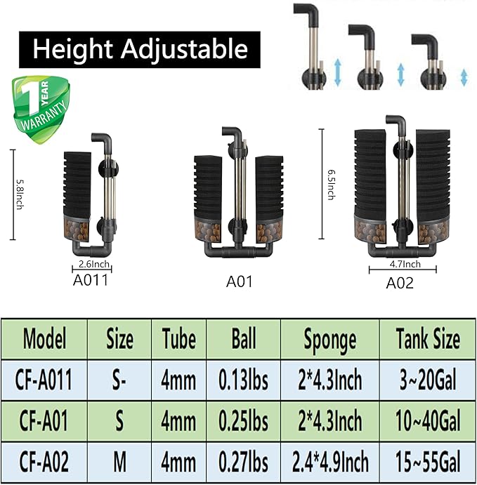 Carefree Fish Aquarium Filter Sponge Fish Tank Quiet Bubble Filter with 3 Sponges and 1 Bag of Filtered Ceramic Balls for Salt Water and Fresh Water(not Included Air Pump)