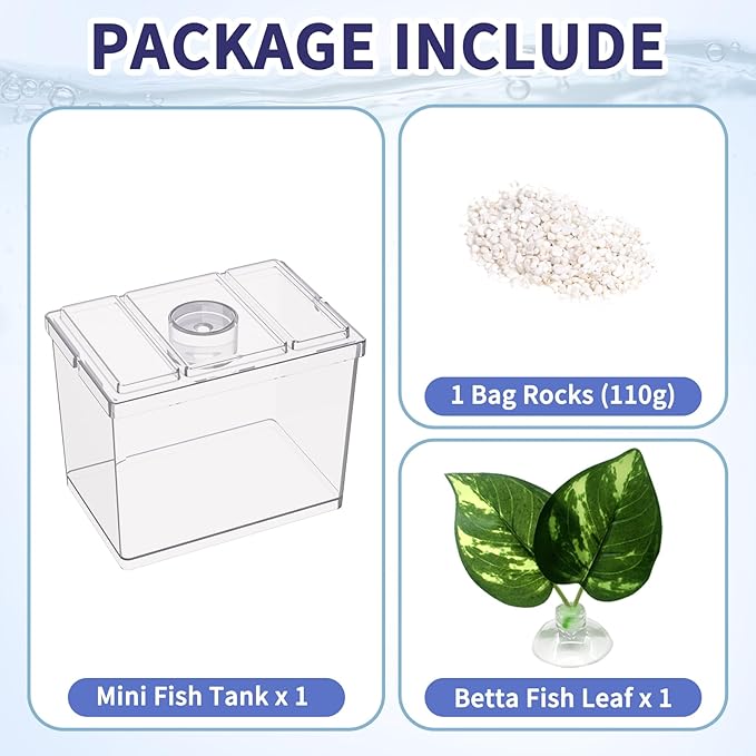 MoonOrange Mini Betta Fish Tank, Small Fish Bowl for Temporary Space, 0.2 Gallon Stackable Cube Tank with Betta Leaf and Gravels for Small Fish, Insect, Shrimp, Crab, Spider.(Pack-1)