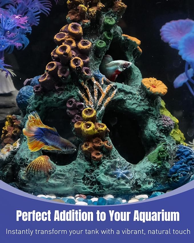 Uniclife Aquarium Decor, Fish Tank Decorations, Realistic Resin Coral Reef Rock Ornament & Plants Set for Fish Tank Decor, Colorful Aquarium Cave Decorations for Freshwater & Saltwater Tanks