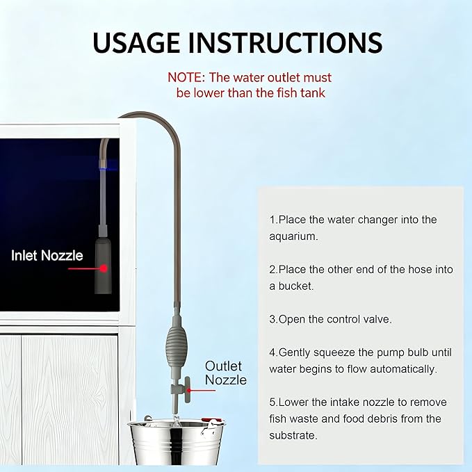Aquarium Siphon Vacuum Gravel Cleaner, Fish Tank Water Changer with 3 Nozzles, Pump Bulb & Control Valve, Easy Water Change & Waste Remover for Fish Tanks