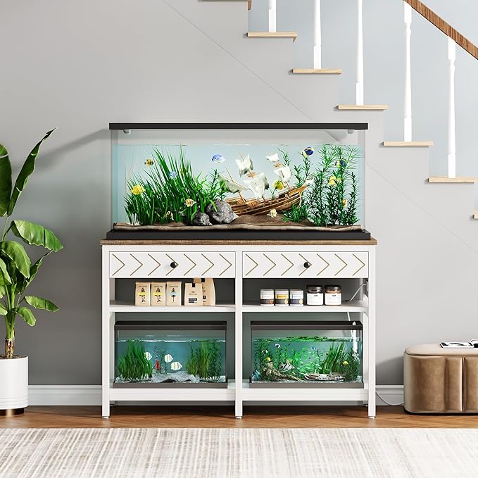 40-50 Gallon Aquarium Stand, Fish Tank Stand with Power Outlets and Drawers, Heavy Duty Metal Reptile Tank Stand for Turtle, 911LBS Capacity, White and Brown (No Aquarium)