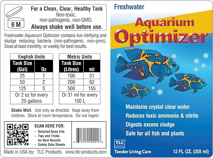 TLC Products, Freshwater Aquarium Optimizer, Aquarium Water Clarifier, Reduces Ammonia, 12 Fl Oz