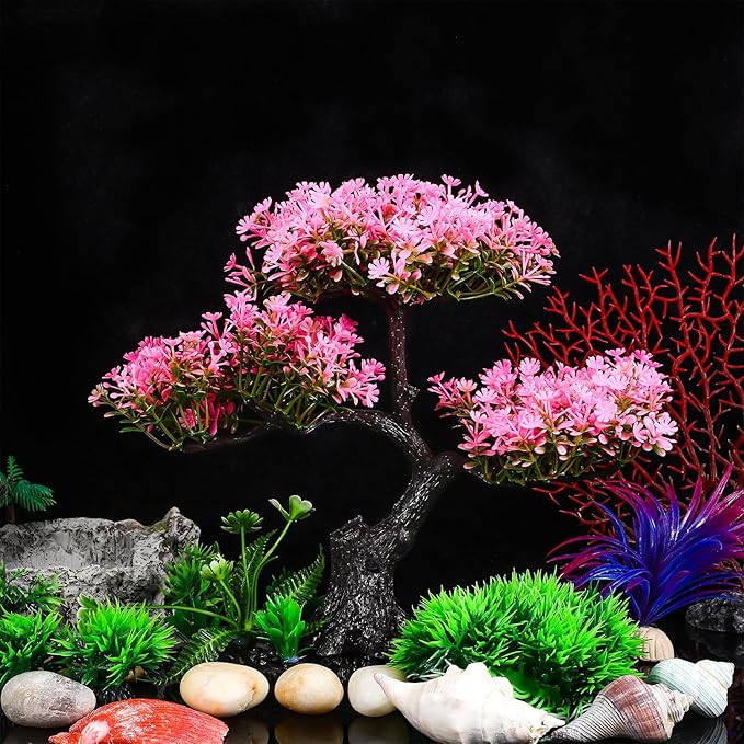 Milisten Artificial Aquarium Plants, Plastic Fish Tank Plants, Tall Fish Tank Decorations, Pink Cherry Blossom Tree Greenplant, Aquarium Decor Goldfish Betta Hides Accessories