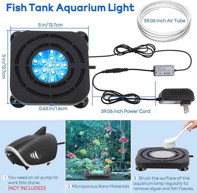 Submersible Fish Tank Decor Light: Aquarium Bubble LED Lights - IP68 Waterproof APP Remote Control 5050 RGB Color Changing Aquarium Decor Bubble Lamp for Fish Enthusiasts Aquatic Pets