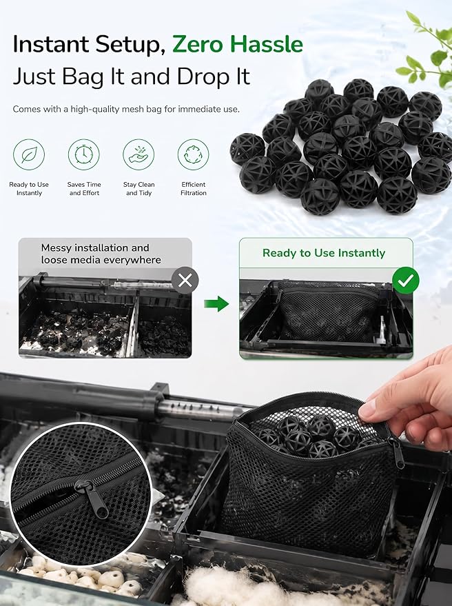 J-star 200 PCS 1-Inch (26mm) Bio Filter Balls for Aquarium Pond, Fish Tank Bio Filter Media for Freshwater & Saltwater, Canister Filter Sump Wet/Dry Trickle Filter, Includes 4 Mesh Bags