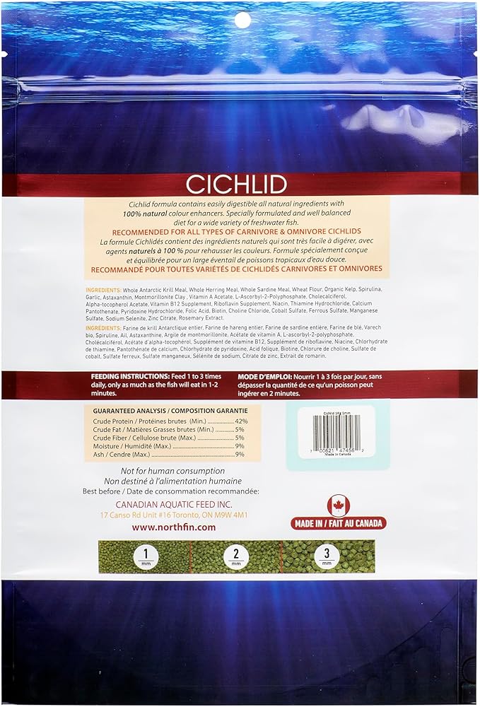 Northfin Cichlid Formula Fish Food – Slow Sinking Pellets for Cichlids (1mm, 1kg) | Premium High-Protein, All-Natural Cichlid Diet to Enhance Color & Growth – No Fillers, No Hormones, Made in Canada
