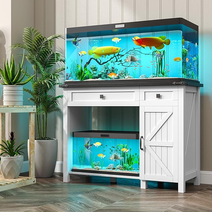 kepptory 40 Gallon Fish Tank Stand with Power Outlets, Farmhouse Decorative Aquarium Stand Furniture with Adjustable Shelves and Drawer, Reptile Turtle Tank Stand with Cabinet Storage (White, 30-40GL)