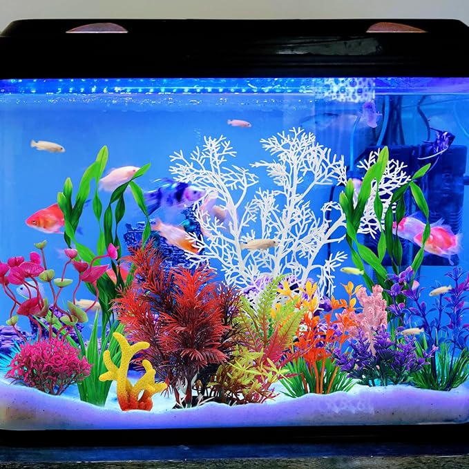QUOZUO Aquarium Decorations Plants with Resin Coral, 12 pcs Fish Tank Accessories, Fish Tank Decorations Small Plants Plastic, Aquarium Decor Artificial Plant