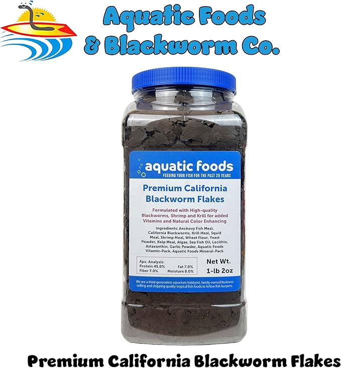 California Blackworm 45% Protein Premium Flakes for Discus, Cichlids, All Tropical Fish Also Pellet Mix, Wafer Mix Included…1-lb 2oz