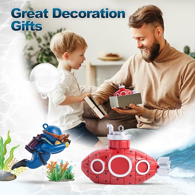 CousDUoBe 2.1 in Mini Floating Submarine Fish Tank Decoration Set,Cute Retro Submarine Set and Floating Diver,Aquarium Decorations Resinous Betta Fish Tank Accessories