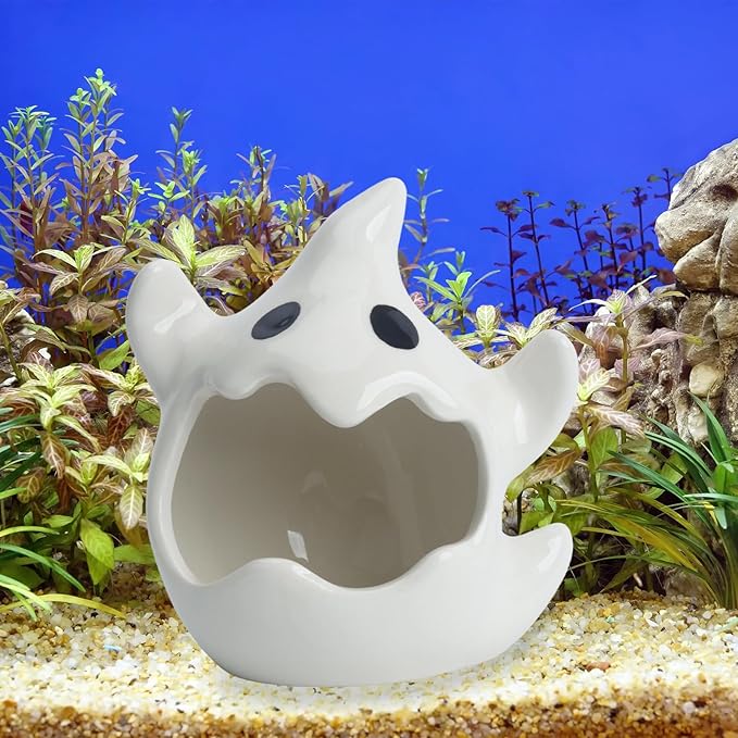 RUIAN Ghost Ceramic Aquarium Hideout, Smooth White Ceramic Decoration for Fish Tank and Small Pets Like Hamsters, 125x75mm, Ideal Gift