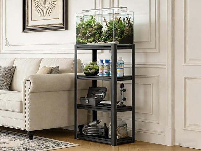 Fish Tank Stand Aquarium Stand 1600LBS Adjustable Metal Shelving Storage Shelves Heavy Duty Display Shelves Utility Shelf for Turtle Tank, Reptile Terrarium, 44"H × 23.6"W × 11.8"D, Black