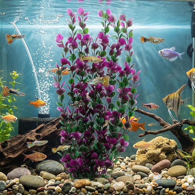 Lantian Grass Cluster Purple Leaves Aquarium Décor Plastic Plants Extra Large 21 Inches Tall 6522, Purple and Green