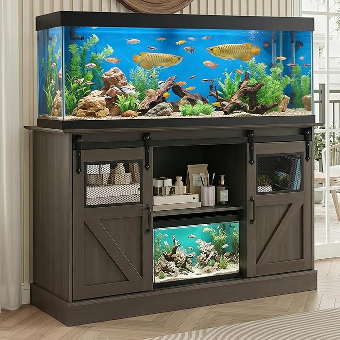 TITIMO 55-75 Gallon Fish Tank Stand with Power Outlet, Heavy Duty Large Aquarium Stand with Sliding Barn Door and Cabinet Storage for 2 Fish Tank Turtle Tank Reptile Terrarium, 1300LBS Capacity(Gray)